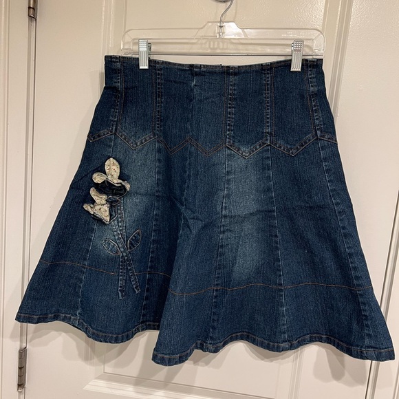 Dresses & Skirts - Denim A-Line Skirt with Floral Embroidery